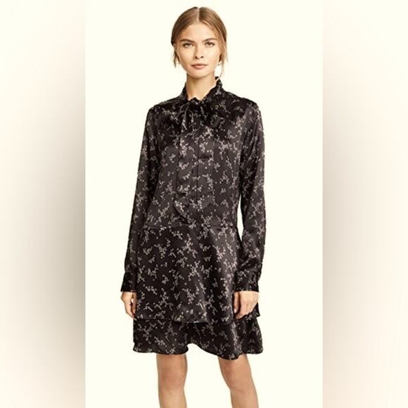Equipment Dresses & Skirts - Equipment Natalia Silk Tie-Neck Bow Mini Dress Black White Floral Print Size M
